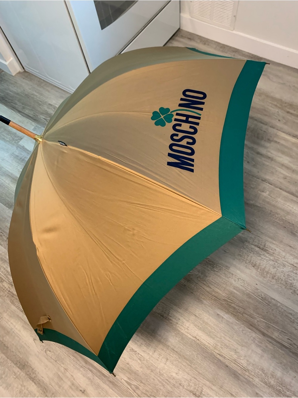 Moschino Gold and Teal Designer Dome Umbrella